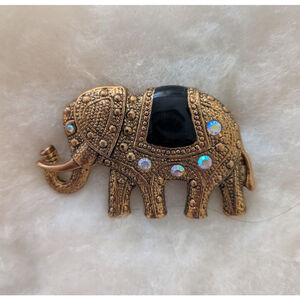 Vintage Elephant Brooch Pin Gold Tone Black Rhinestone